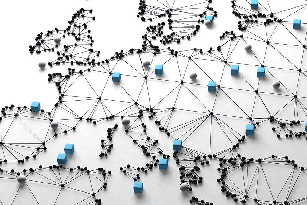decorative illustration of map of Europe with network in black laid on top connecting blue dots representing cities